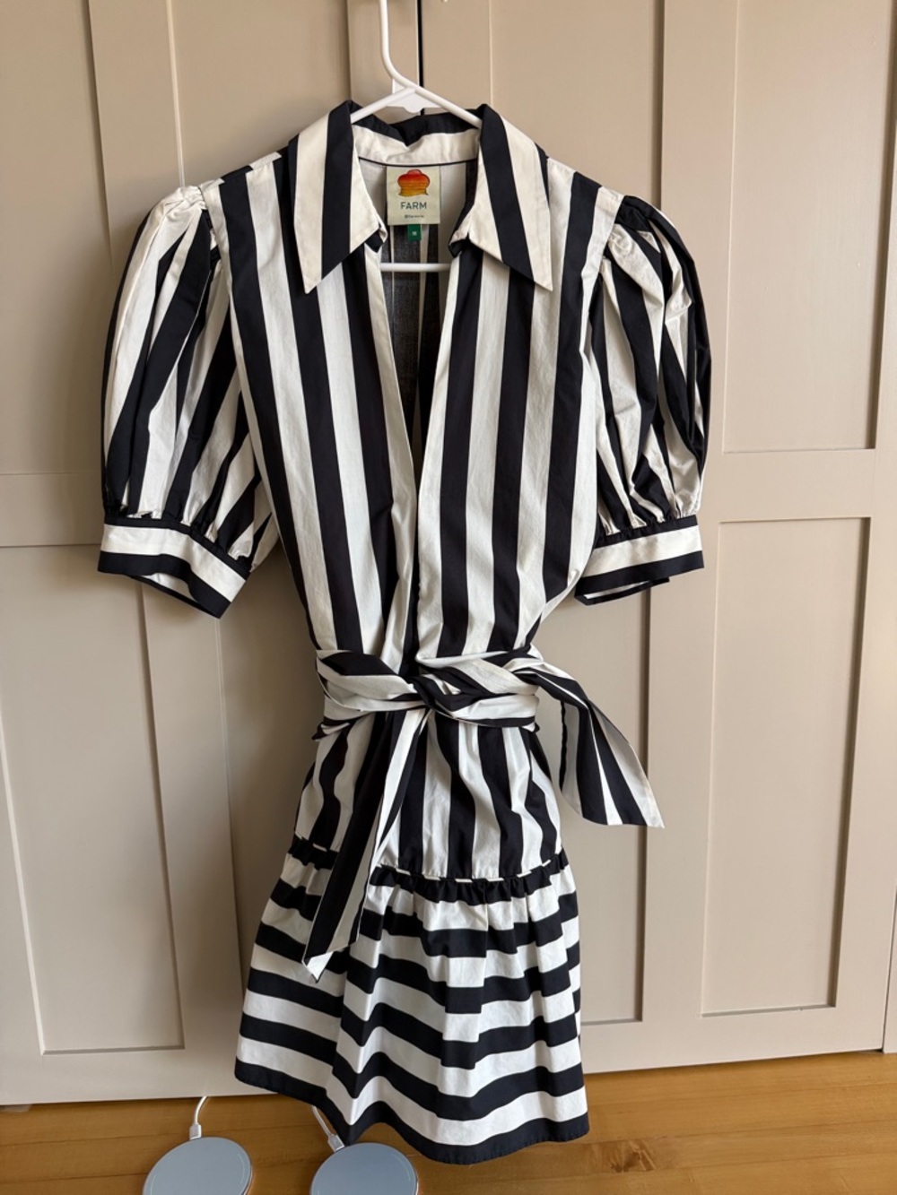 FARM Rio Black & White Striped Puff-Sleeve Wrap Mini Dress